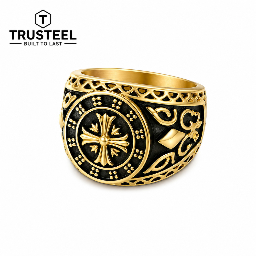 Gold Black Cross Signet Ring for Men 316L Stainless Steel gothic biker Size 12